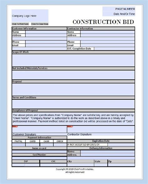 Construction Project Bid Proposal Form Template Simple Minimal Editable Downloadable Printable ...