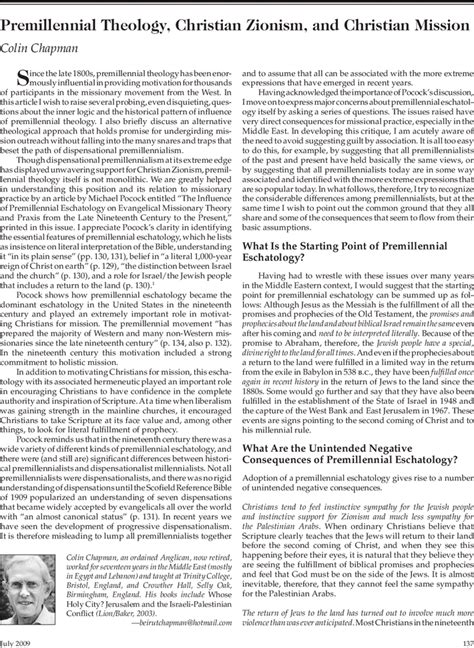 Premillennial Theology, Christian Zionism, and Christian Mission - Colin Chapman, 2009