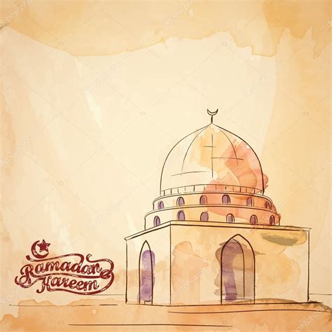 Ramadan greeting banner background islamic mosque watercolor and ink sketch Stock Vector Image ...