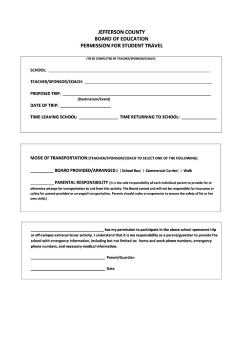 Permission For Student Travel printable pdf download