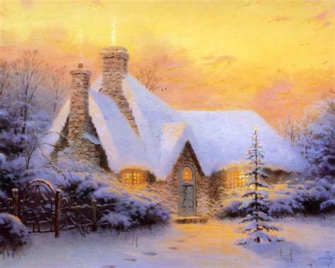 Desktop Hintergrundbilder Thomas Kinkade christmas tree cottage