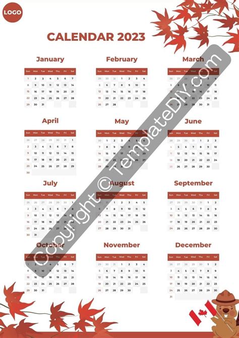 Canada 2023 Calendar Template Printable in Pdf, Word & Excel | Canada ...