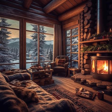 Premium Photo | Cozy cabin in woods with wood stove interiors at night