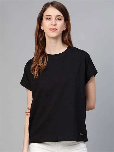 Buy Roadster Women Black Solid Round Neck Pure Cotton T Shirt - Tshirts ...