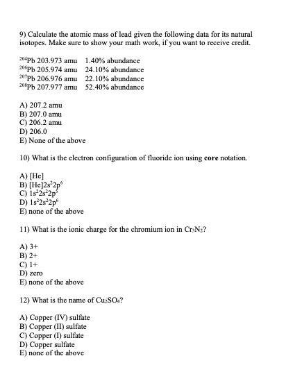 Solved 9) Calculate the atomic mass of lead given the | Chegg.com