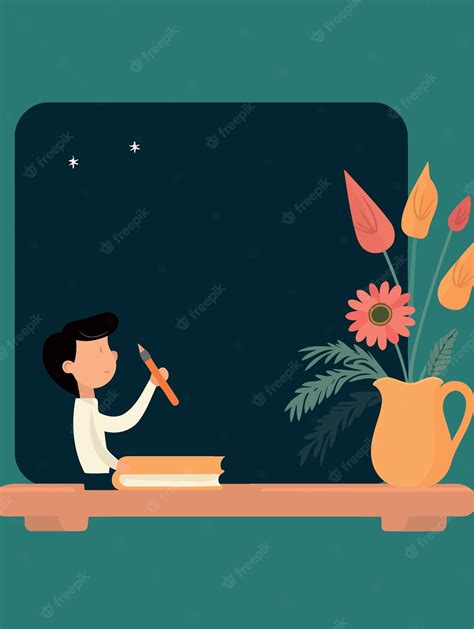 Niño escribiendo frente a una pizarra con un jarrón de flores. | Vector Premium