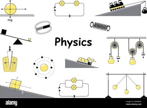 Physics and science icons set. Classical mechanics. Experiments equipment, tools, magnet, atom ...