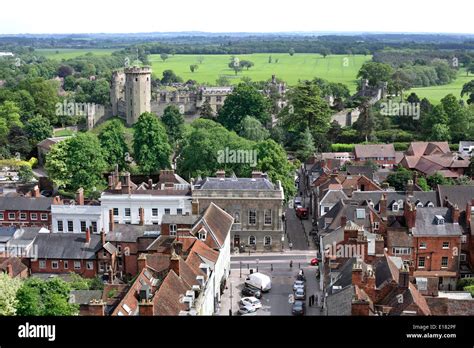 View of part of Warwick town centre, with Church Street in the foreground and Warwick Castle ...