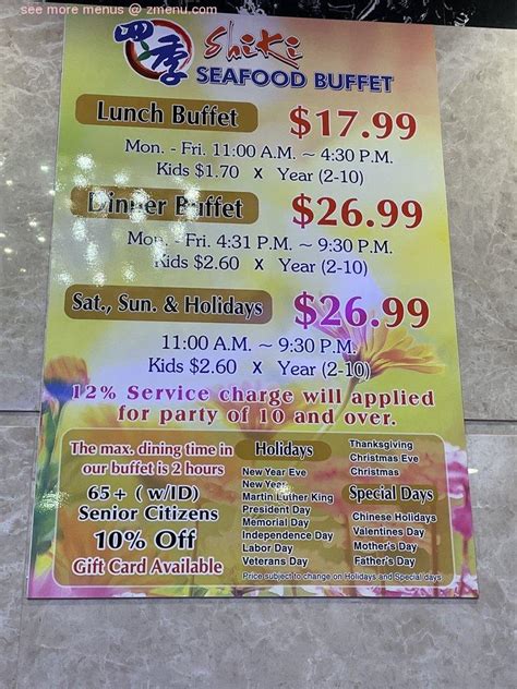 Menu at Shiki Seafood Buffet restaurant, Temple City