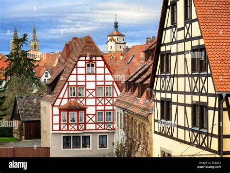 Traditional red tile roofs and half-timbered houses in Rothenburg ob ...