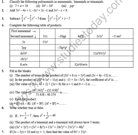 Class 8 Maths Algebraic Expressions and Identities Worksheet