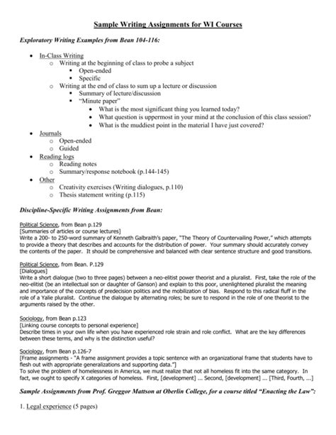 Sample Writing Assignments for WI Courses