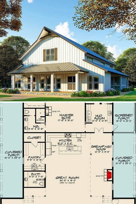 Two-Story 3-Bedroom Barndominium Inspired Country Home (Floor Plan) | Barn house plans, Barn ...