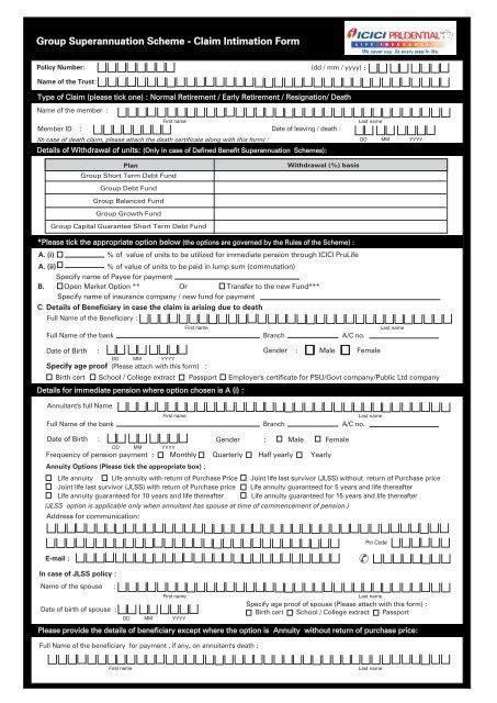 Group Superannuation Claim Form ICICI Prudential Life Insurance - ClaimForms.net