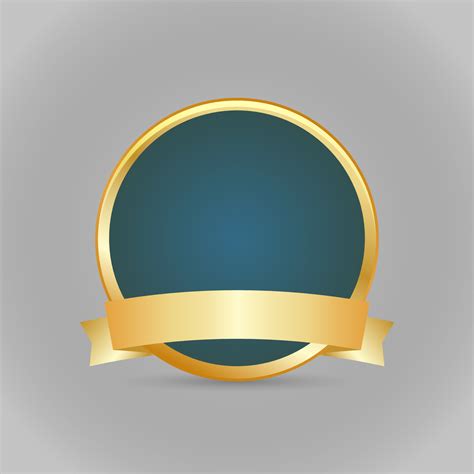 Gold round badge with golden ribbon. Vector illustration on a gray background. Background basis ...