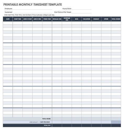 Printable Basic Monthly Timesheet Template - Printable Templates