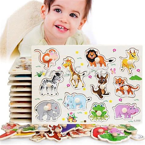 US STOCK puzzle Infant Newborn Baby Zoo Animals Hand puzzle Wooden Jigsaw Children Kid Baby ...