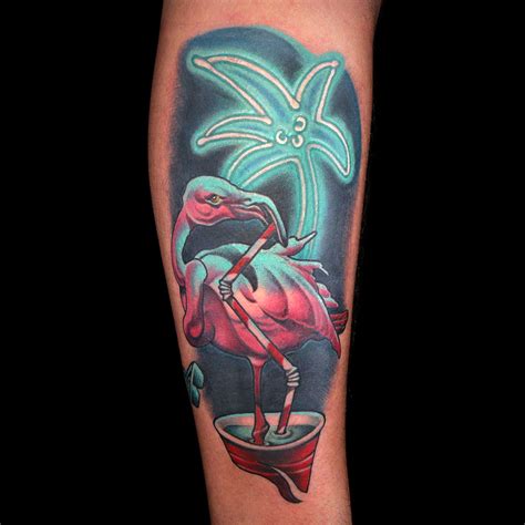 Flamingo & Neon Palm Tree Tattoo by Frank Ready | Leg sleeve tattoo, Neon tattoo, Light tattoo