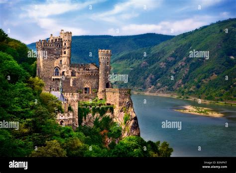 Rheinstein medieval castle, on the Rhine river in Germany Stock Photo, Royalty Free Image ...