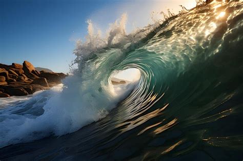 Premium AI Image | Surfing crashing ocean wave at sunset with sun rays ...