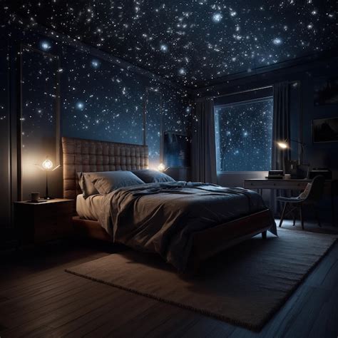 Premium Photo | A bedroom with a starry sky on the ceiling.