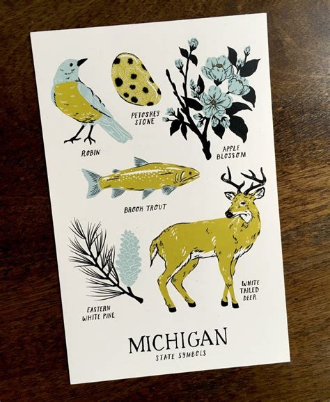 Michigan State Symbols Art Print 11x17 Hand | Etsy