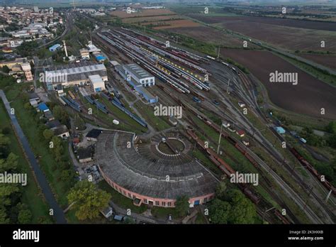 Railway turntable for locomotives aerial panorama landscape view,Nymburk trainstation,Europe ...