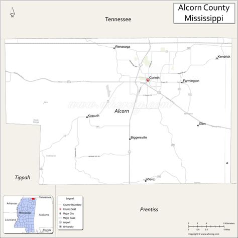 Map of Alcorn County, Mississippi showing cities, highways & important places. Check Where is ...