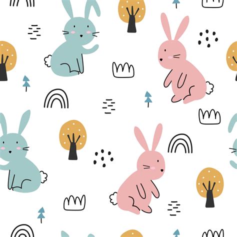 White rabbit with trees Seamless pattern cute cartoon animal background ...