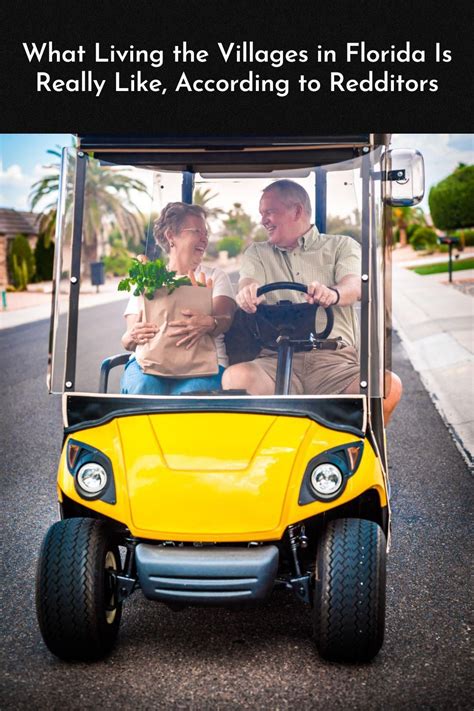 a man and woman in a yellow golf cart with the words what living the villages in florida is ...