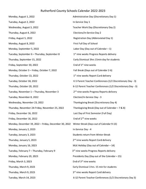 Rutherford County Schools Calendar Holidays 2022-2023 PDF