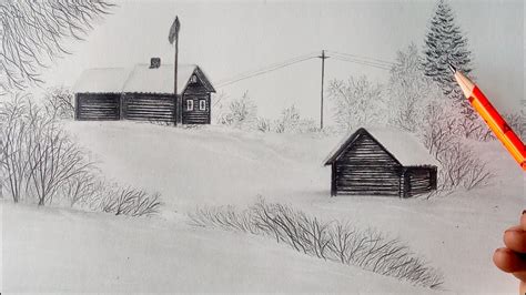 How to draw a snowfall landscape by pencil, winter season secenry ...