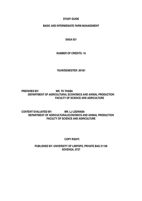 SAGA 021 Guide 2020 - Lecture notes 10 - STUDY GUIDE BASIC AND INTERMEDIATE FARM MANAGEMENT SAGA ...