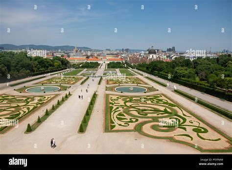 A view of the Belvedere Gardens and the Vienna skyline from upper windows of the Belvedere ...