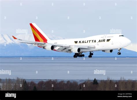 Kalitta Air Cargo Boeing 747 freighter aircraft landing. Large cargo ...