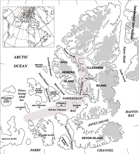 Regional map of the Queen Elizabeth Islands and the adjacent coast of... | Download Scientific ...