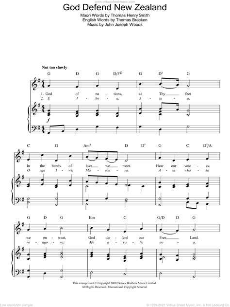 Woods - God Defend New Zealand (New Zealand National Anthem) sheet music for voice, piano or guitar