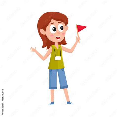 Pretty girl working as tour guide, holding flag, meeting tourist groop, cartoon vector ...