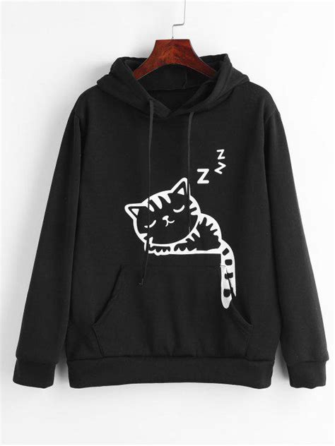 [32% OFF] 2021 Cat Ears Graphic Pouch Pocket Fleece Hoodie In BLACK | ZAFUL