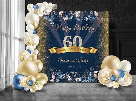 60th Birthday Backdrop Party Birthday Party Banner Navy Blue | Etsy