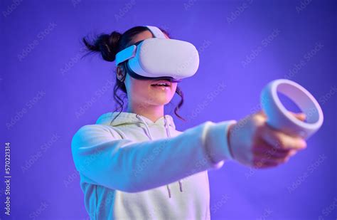 Metaverse, virtual reality headset and a woman with futuristic gaming ...