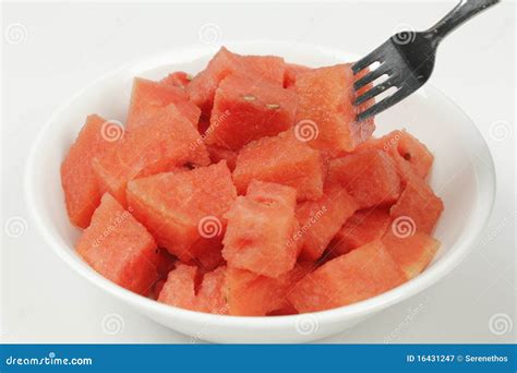 Watermelon Chunks in Bowl with Fork Stock Image - Image of pieces, closeup: 16431247