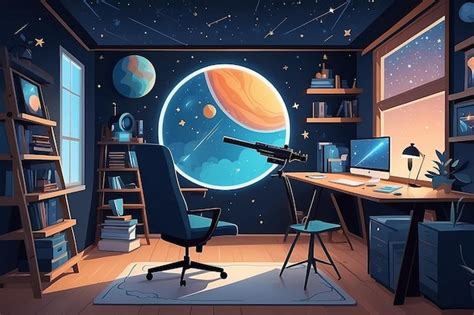 Premium Photo | Home Office Observatory Flat Vector Illustration with Telescope and Stargazing ...