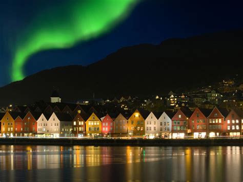 Northern Lights Aurora Borealis Over Bryggen In Bergen Norway