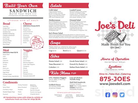 Joe's Deli menu in Buffalo, New York, USA