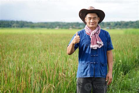 Portrait of Asian man farmer wears hat, blue shirt, thumbs up, stands at paddy field. Concept ...