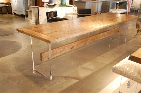 Custom Made Oak Top Table w/ Acrylic Slab Base and Wood Stretcher | Custom dining tables ...