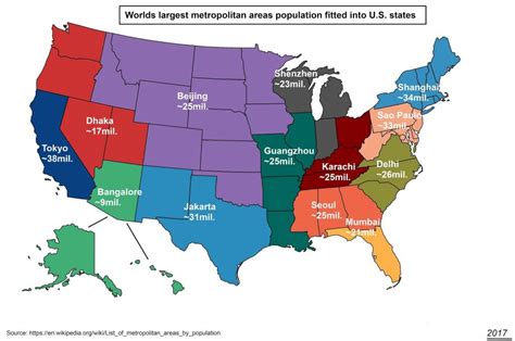 Worlds largest metropolitan areas population fitted into US states - Vivid Maps