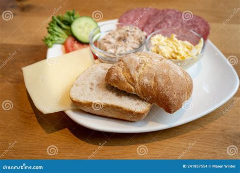 German Breakfast Plate with Crispy Bread Roll, Cheese, Sausage and ...