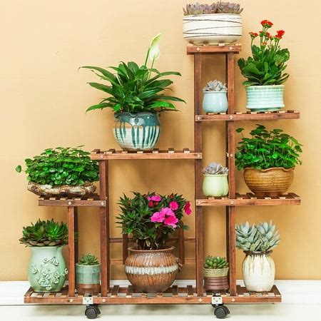 Outdoor Indoor Garden Wooden Plant Stand With Wheels Planter Flower Pot Shelf | Walmart Canada